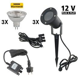 Set of 3 garden spotlights 12V AC IP65 incl. bulb 5W warm white, ground spike and power supply unit